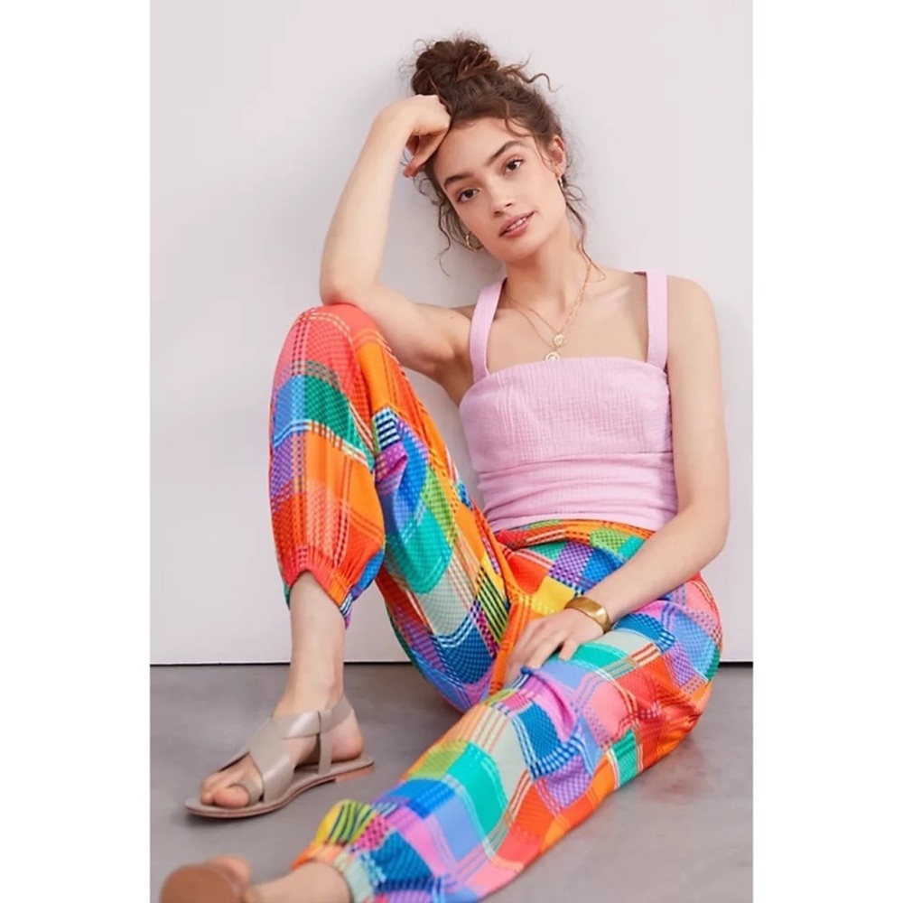 Anthropologie Farm Rio LG Pants Women's Rainbow Checkered Woven Jogger Pants NWT